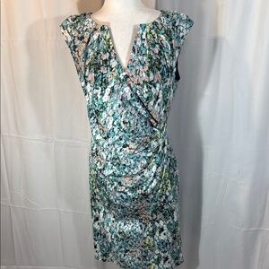 Adrianna Papell Blue and Green V-Neck Sheath Dress